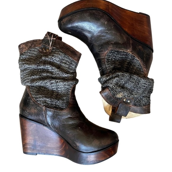 BED STU Bruges Distressed Leather Wooden Wedge Heel Boots Women’s 7.5 Knit Upper - Picture 2 of 11